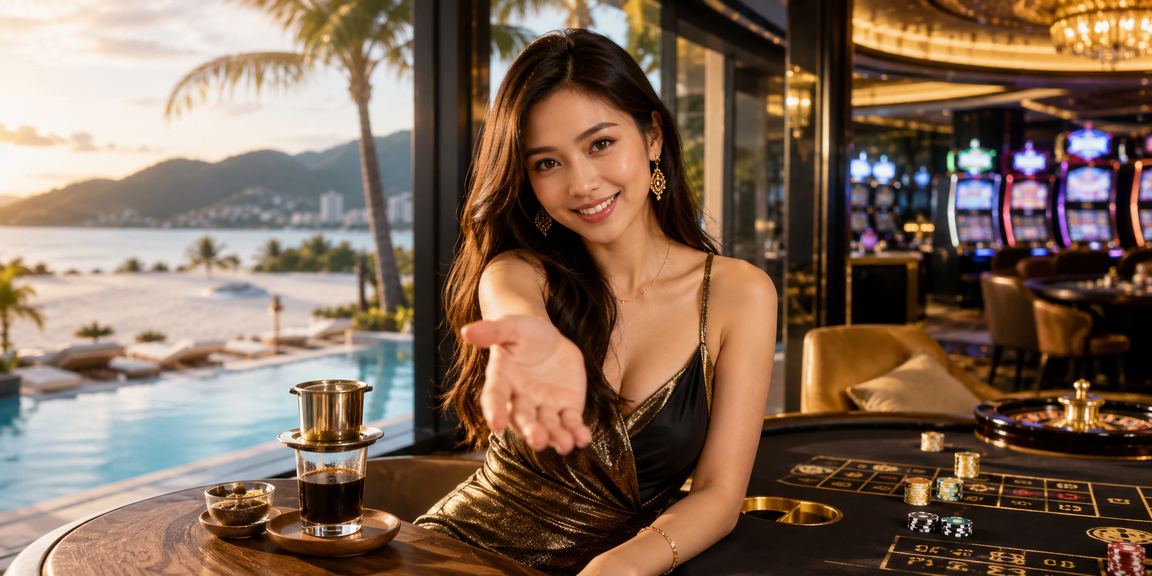 Người dùng tại Nha Trang theo dõi ưu đãi cá cược và uống cà phê trong không gian biển